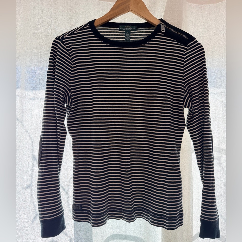 Ralph Lauren Black & White Striped Long-Sleeve Knit Top w/Shoulder Zip